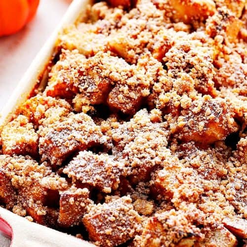 Pumpkin French Toast Casserole in a baking dish.