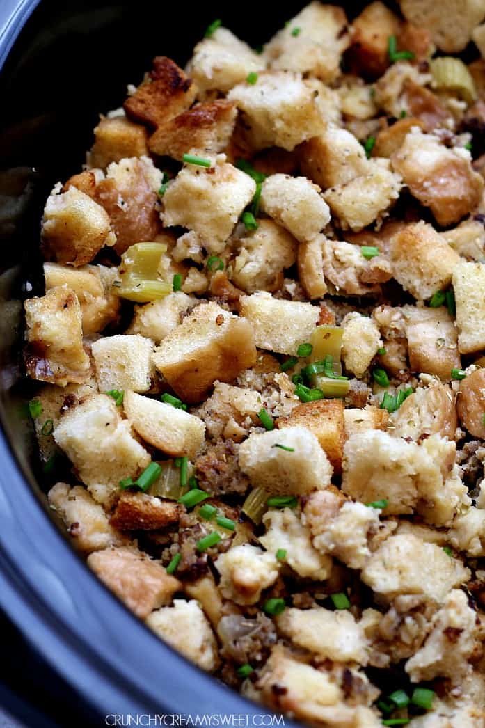 Shot of Sausage Stuffing in the slow cooker. 