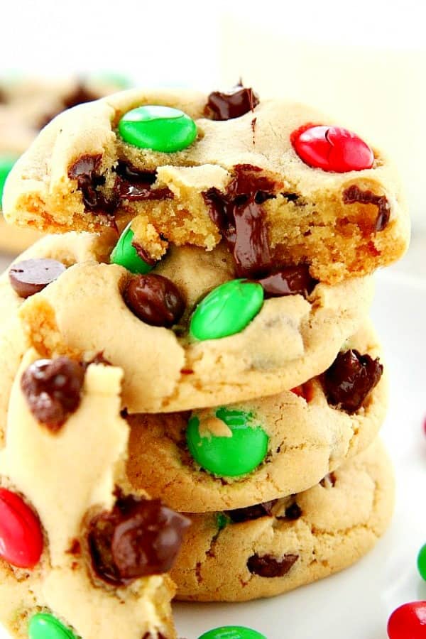 Broken apart Christmas M&M Cookies.