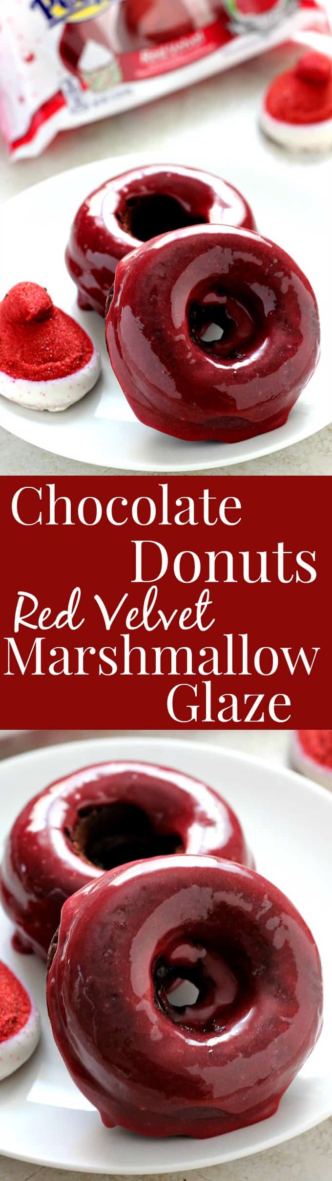 Baked Chocolate Donuts with Red Velvet Marshmallow Glaze - easy yet festive treat for the chocolate and red velvet lovers! 