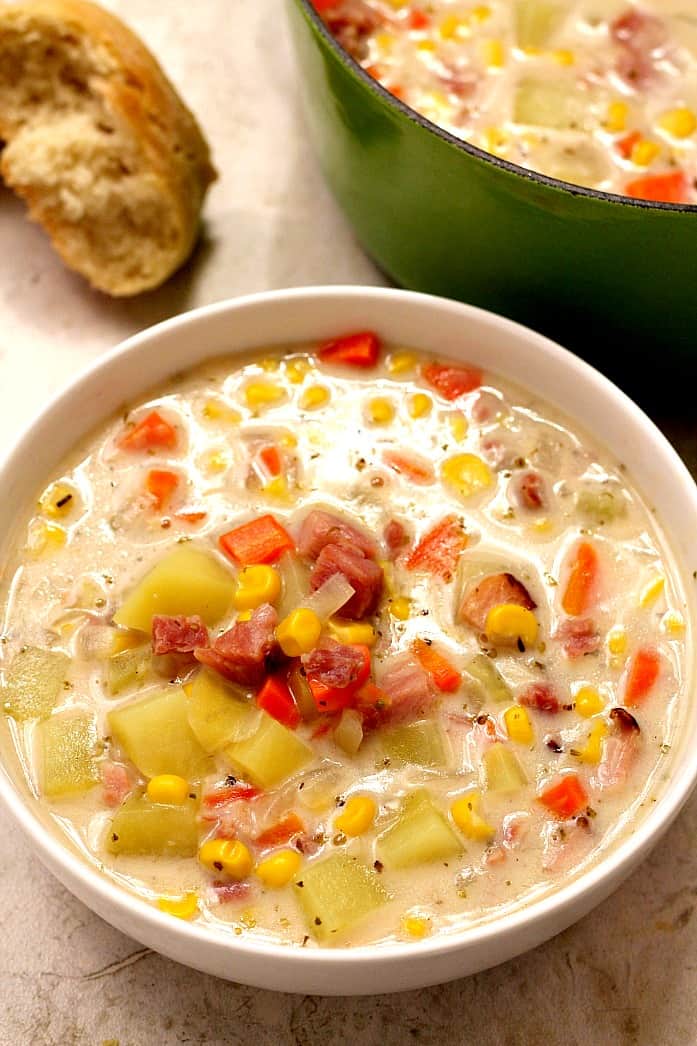 Ham Potato and Corn Chowder - thick and creamy chowder with leftover ham, potatoes and corn. Lightened up with milk instead of cream and made in 20 minutes! 
