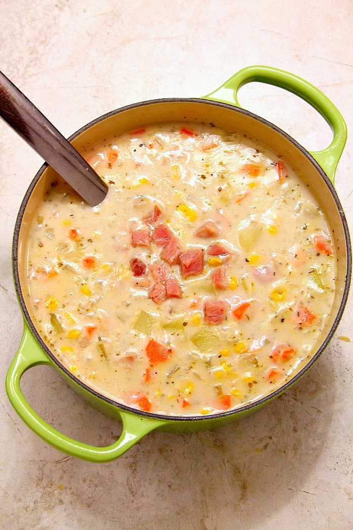 Ham Potato and Corn Chowder - thick and creamy chowder with leftover ham, potatoes and corn. Lightened up with milk instead of cream and made in 20 minutes! 