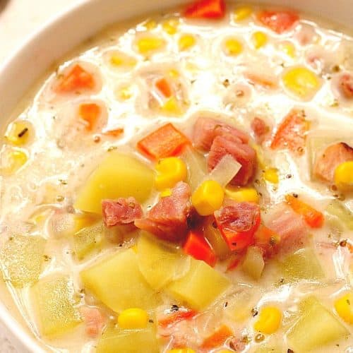 Ham Potato and corn Chowder in a bowl.