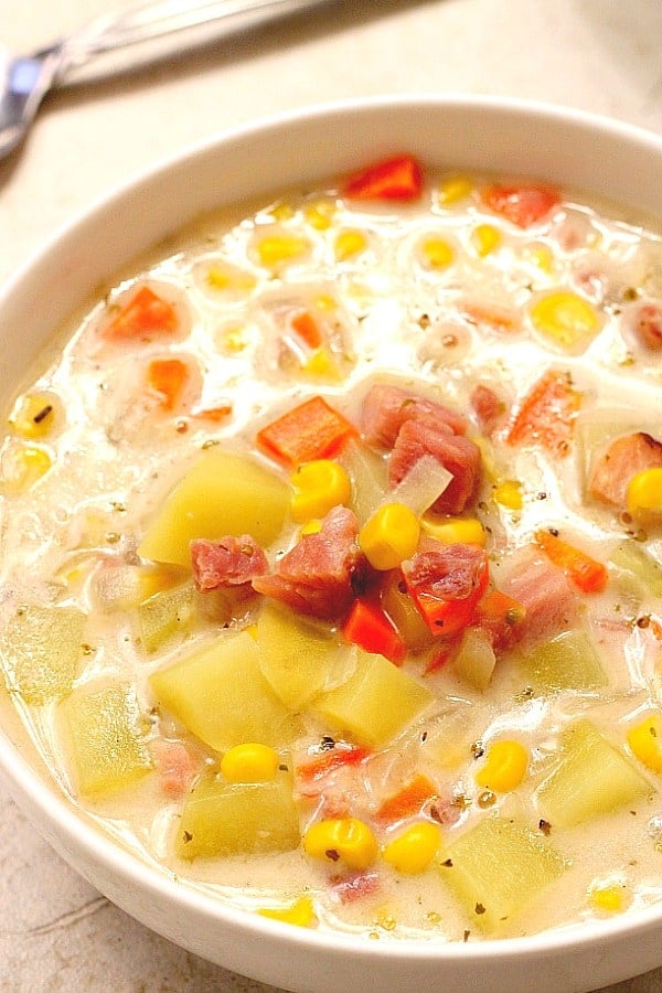 Ham Potato and corn Chowder in a bowl.