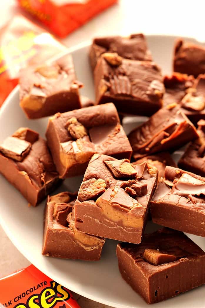 Peanut Butter Cup Fudge recipe Peanut Butter Cup Fudge on a plate.