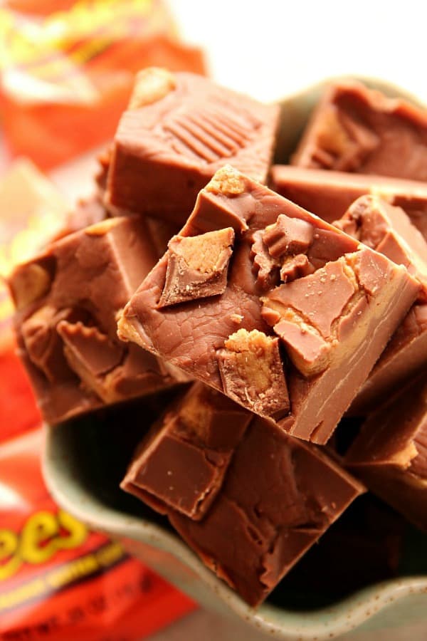 Reese's Fudge pieces in a bowl.