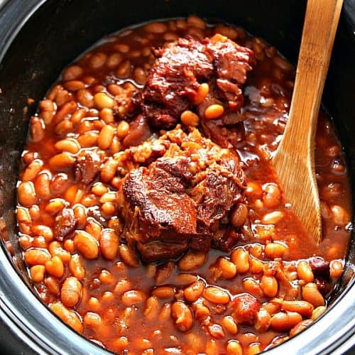 Baked beans with ham bone in slow cooker.