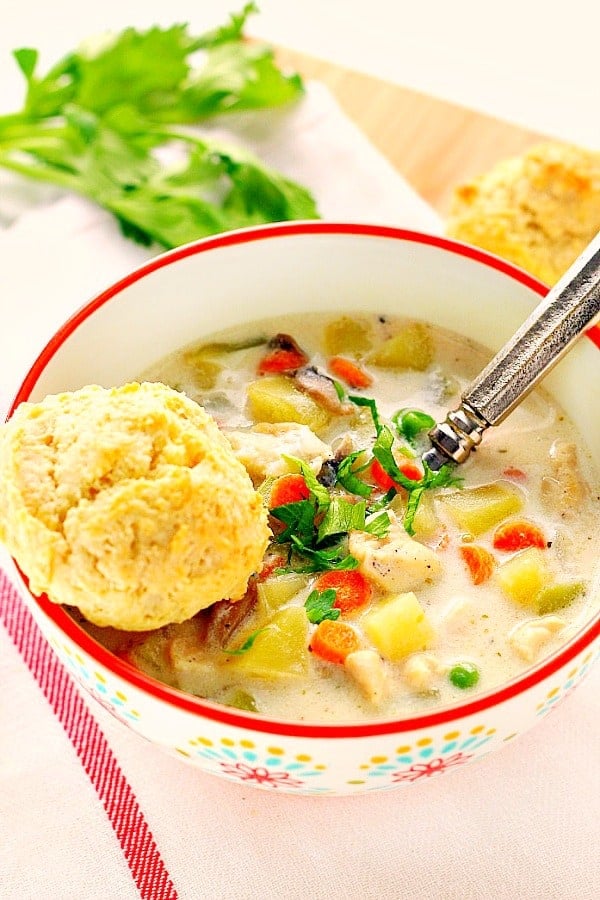 Soup in bowl with biscuit on the edge.