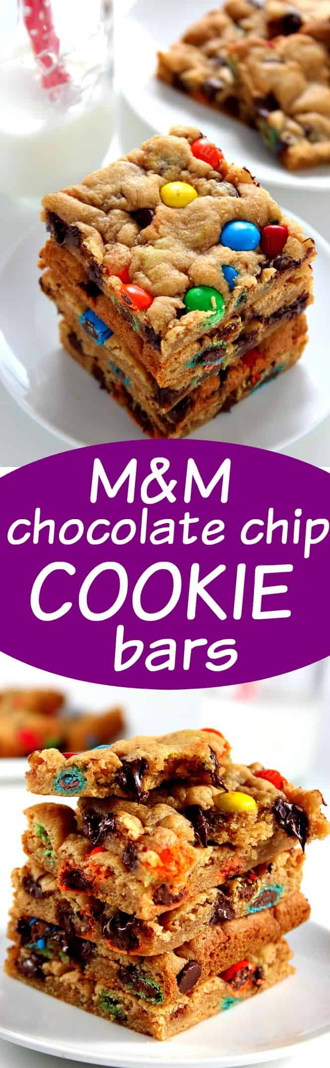 M&M Chocolate Chip Cookie Bars - soft and chewy cookie bars packed with gooey chocolate and bright and colorful M&Ms! All done in under 30 minutes! 