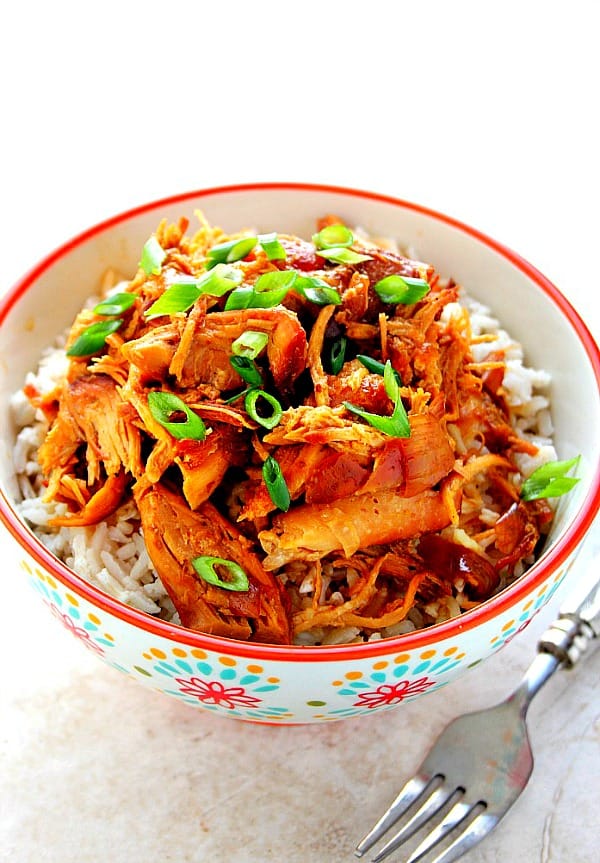 Overhead shot of shredded cooked chicken over rice in bowl with red rim.