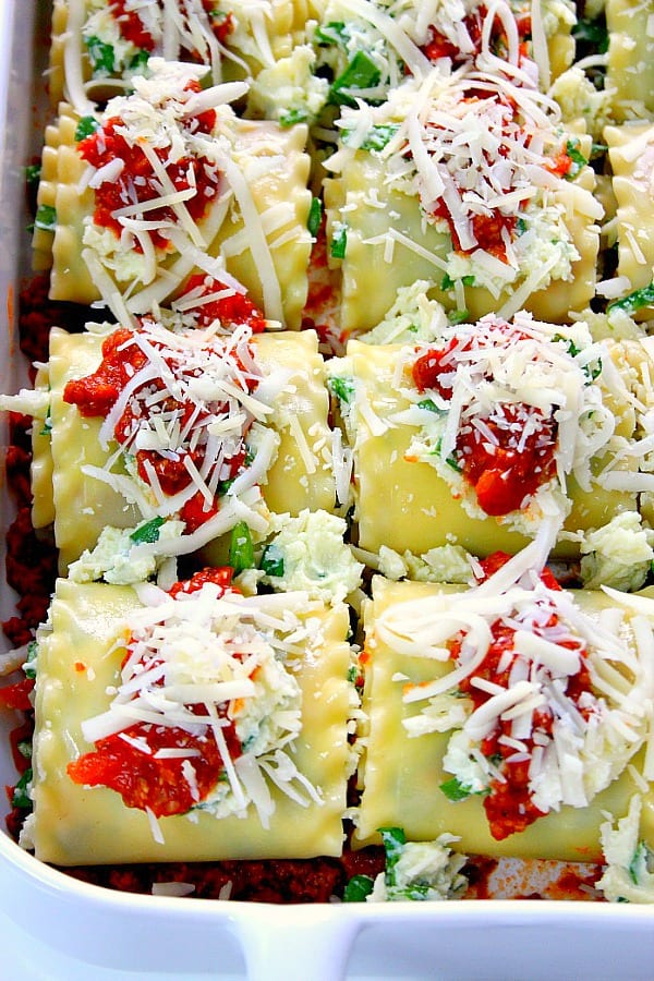 Spinach Lasagna Roll Ups in a baking dish.