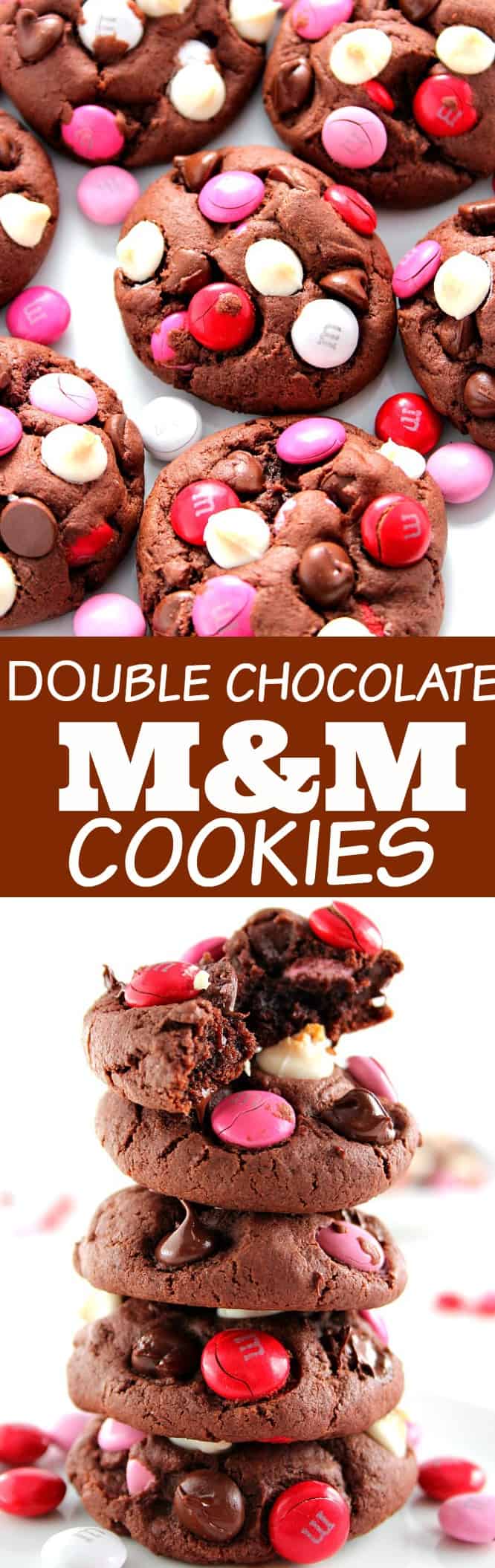 Double Chocolate M&M Cookies Recipe - soft and chewy pudding cookies packed with cocoa powder, semi-sweet chocolate chips, white chocolate chips and bright red and pink M&M's! Make a batch and bake it - all in 30 minutes! 