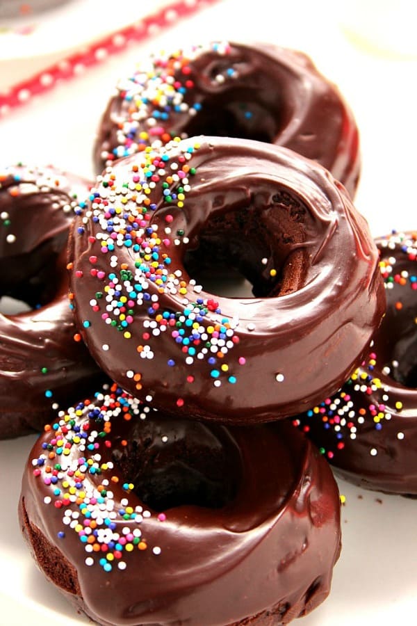 Chocolate donuts with sprinkles.