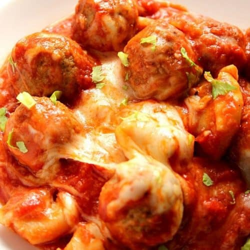 Tortellini and Meatballs on a plate.