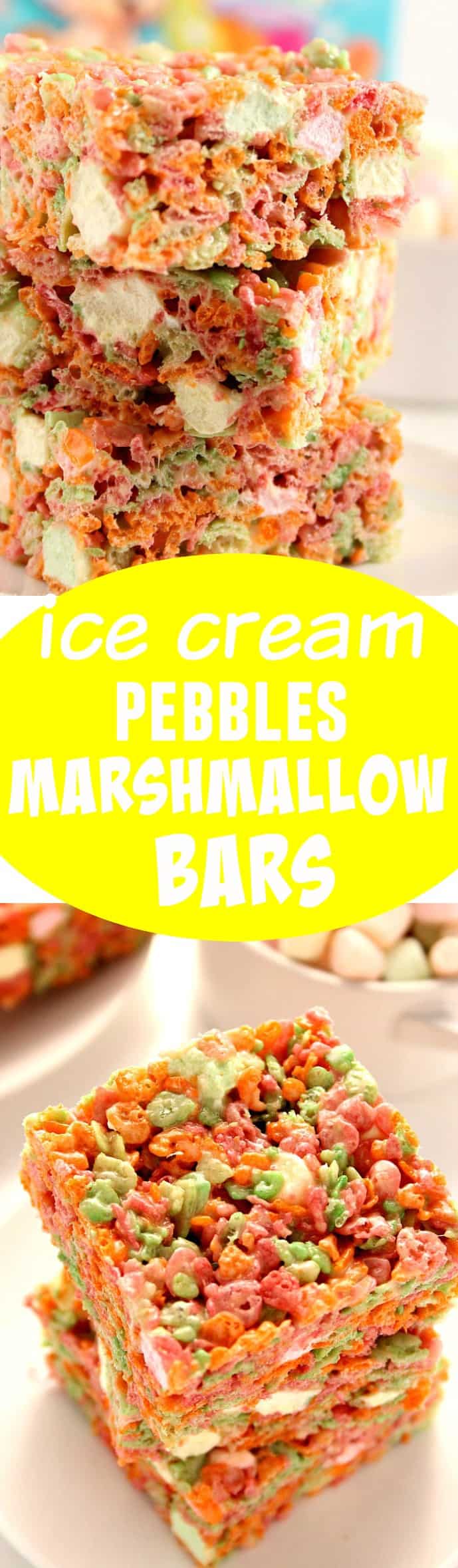 Ice Cream Pebbles Marshmallow Cereal Bars Recipe - a 3-ingredient rice krispies style treat made with Rainbow Sherbet Pebbles cereal! So fun to make and eat! 