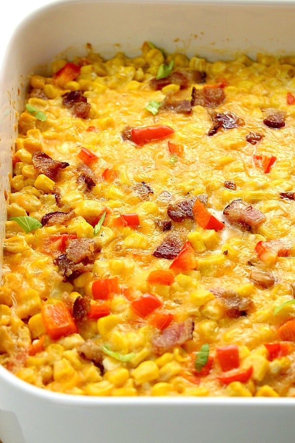 Cheddar Corn Casserole in baking dish.