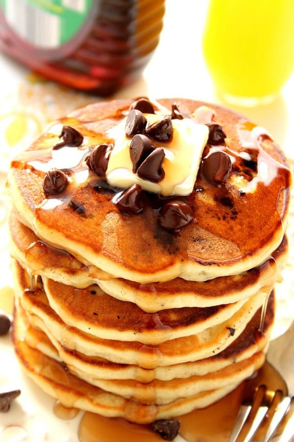 Chocolate Chip Pancakes with butter on top.