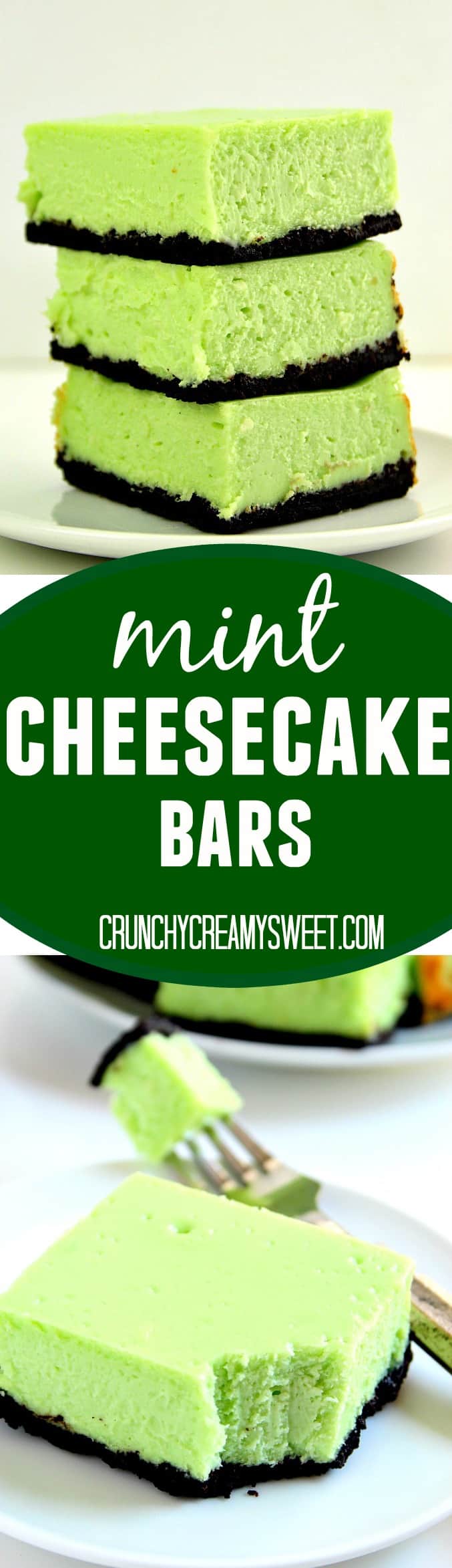 Mint Cheesecake Bars Recipe - thick and creamy cheesecake bars with refreshing mint flavor and chocolatey Oreo crust. So easy, you will love each and every bite! 