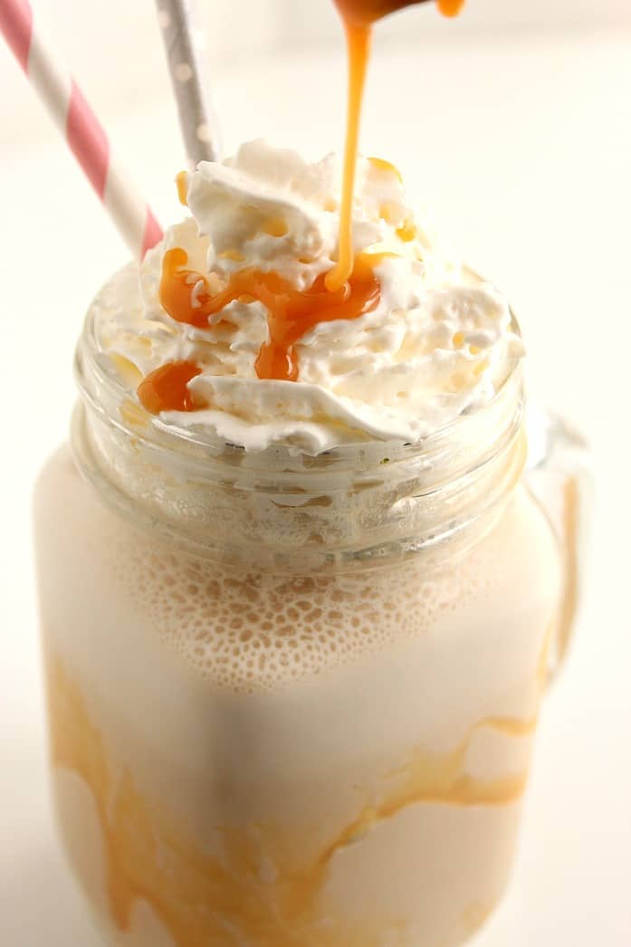 Homemade Salted Caramel Frappuccino Recipe - my favorite coffee shop drink in it's lighter, homemade version. So easy and absolutely delicious! 