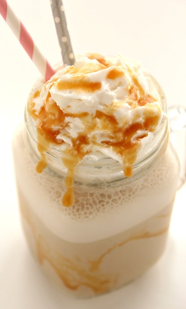 Homemade Salted Caramel Frappuccino Recipe - my favorite coffee shop drink in it's lighter, homemade version. So easy and absolutely delicious! 