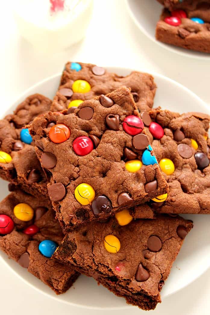 Chocolate cookie bars on a plate.