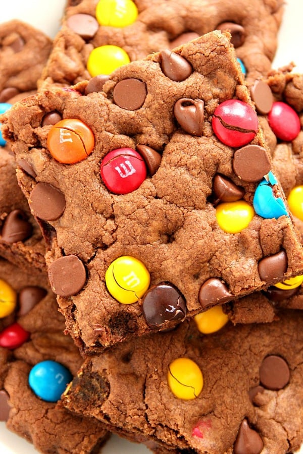 Chocolate M&M Bars on a plate.