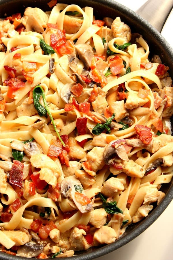 Creamy Mushroom Chicken Pasta with bacon in skillet.