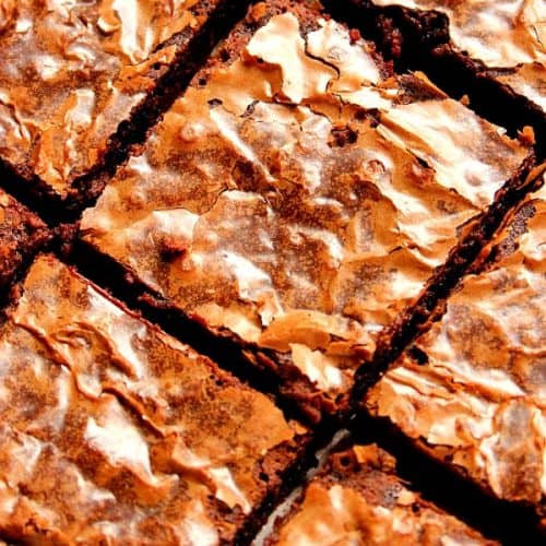 Overhead shot of brownies cut into squares.