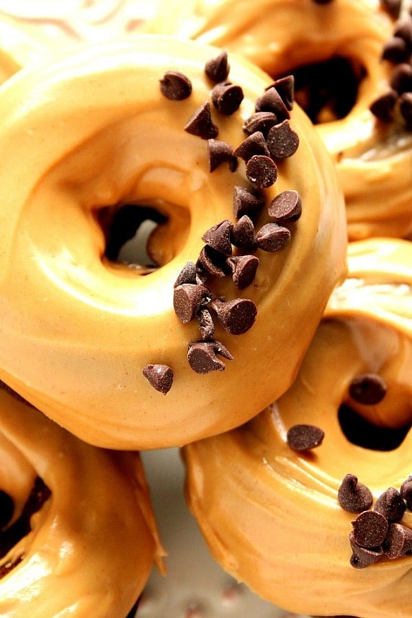 Group of Peanut Butter Glazed Chocolate Donuts.