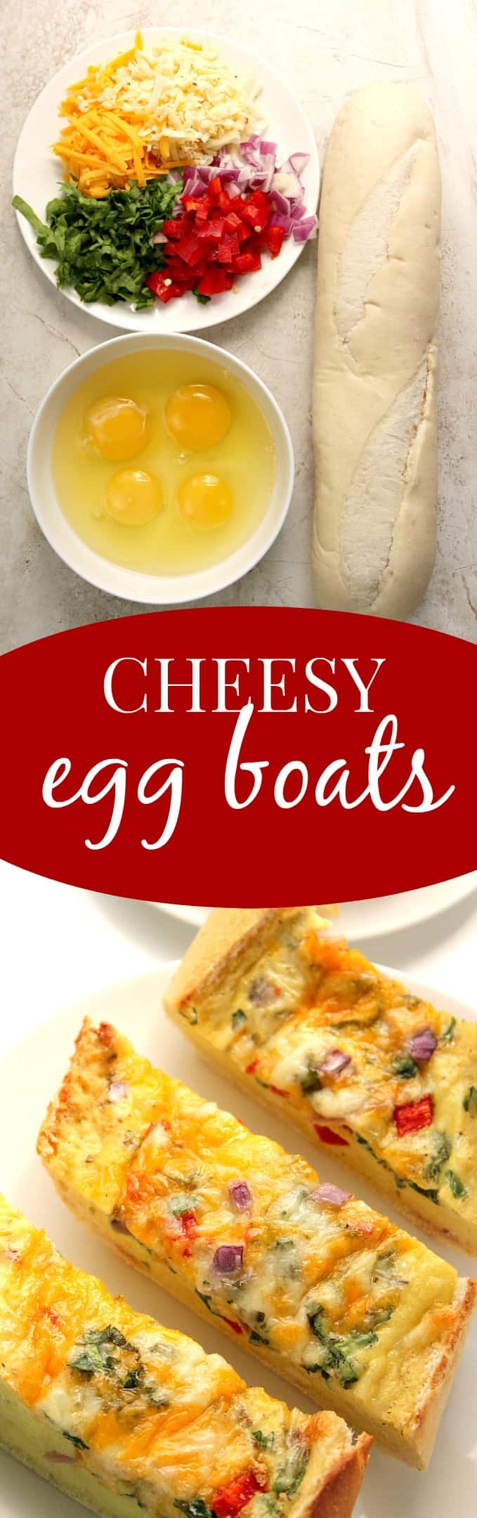 Cheesy Egg Boats recipe - I turned a baguette into a bread boat filled with eggs, cheese and veggies! Perfectly crunchy edges, cheesy filling with lots of flavor from peppers, onions and Monterey Jack cheese. Use Take & Bake baguette for that freshly baked flavor and texture! 