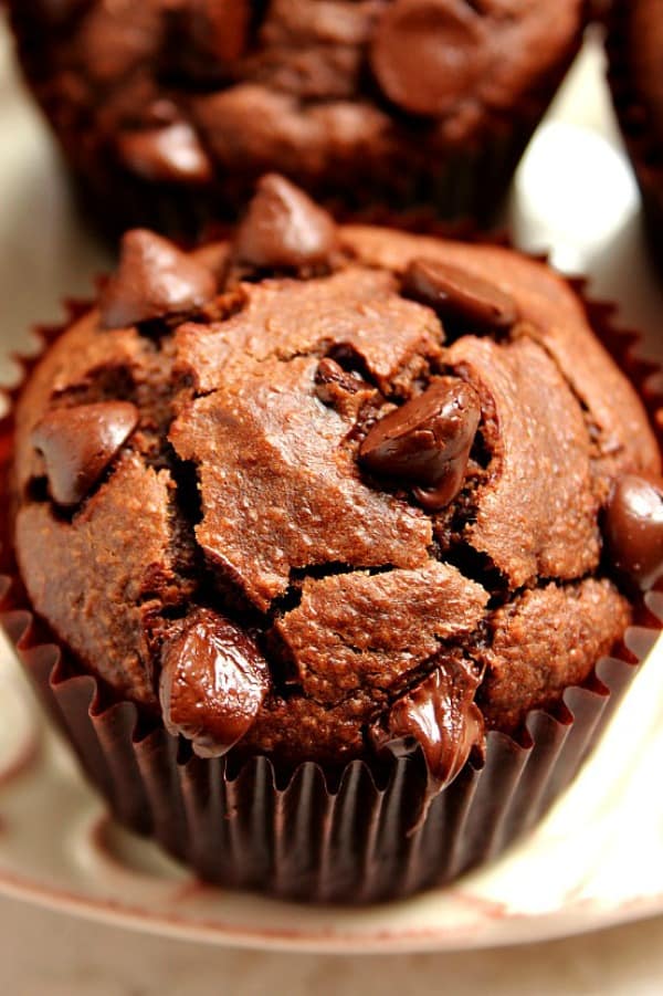 Chocolate Peanut Butter Blender Muffin on white plate.