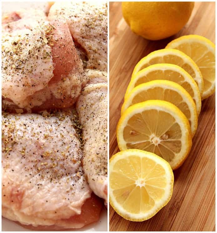 Raw chicken thighs and fresh lemon slices.