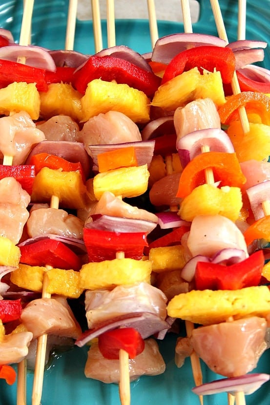 Pineapple chicken kabobs before grilling.