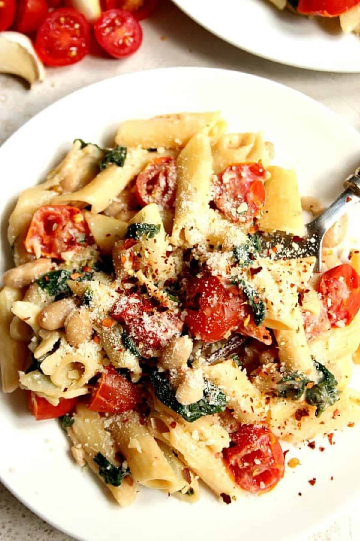 Skillet Pasta with vegetables on a plate.