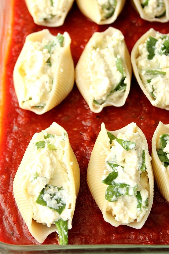 Pasta sauce in a baking glass dish with filled pasta shells.