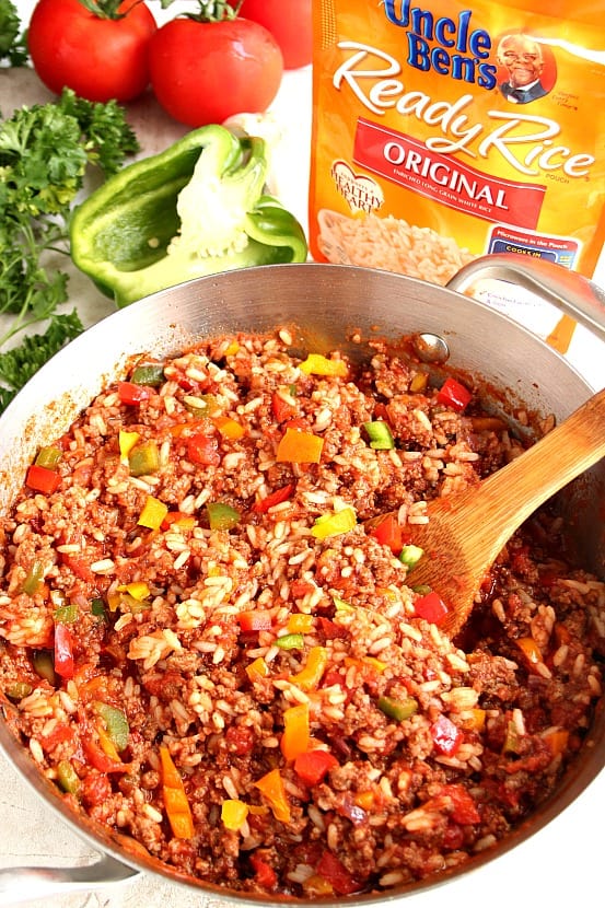 Stuffed Pepper Rice Skillet recipe - a classic dish simplified! Perfectly seasoned ground beef, rice, colorful peppers, onions and garlic make this skillet dinner a family favorite! All done in 20 minutes! 