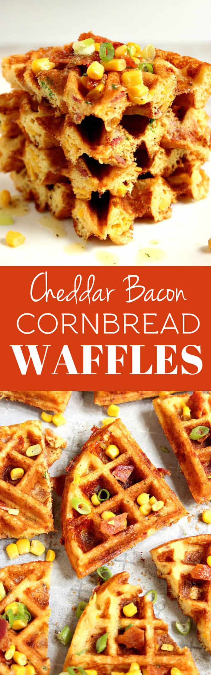 Cheddar Bacon Cornbread Waffles Recipe - savory take on waffles, filled with crispy bacon, freshly grated cheddar cheese, sweet corn and nicely seasoned with Ranch mix! So good as lunch and dinner too!