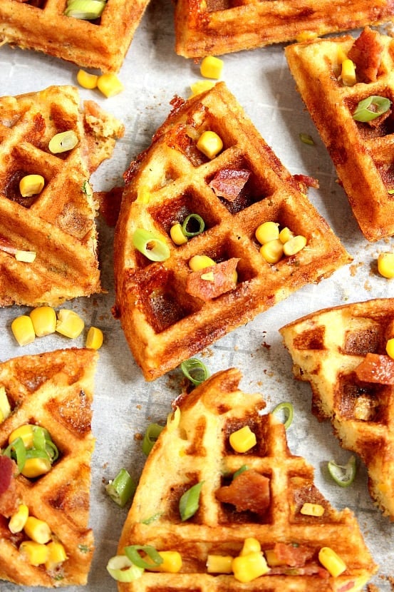 Cheddar Bacon Cornbread Waffles Recipe - savory take on waffles, filled with crispy bacon, freshly grated cheddar cheese, sweet corn and nicely seasoned with Ranch mix! So good as lunch and dinner too!