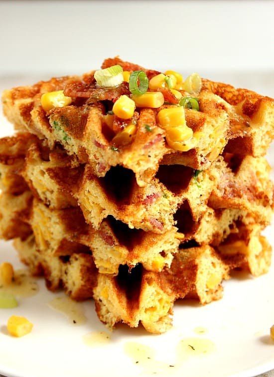 Cheddar Bacon Cornbread Waffles Recipe - savory take on waffles, filled with crispy bacon, freshly grated cheddar cheese, sweet corn and nicely seasoned with Ranch mix! So good as lunch and dinner too!