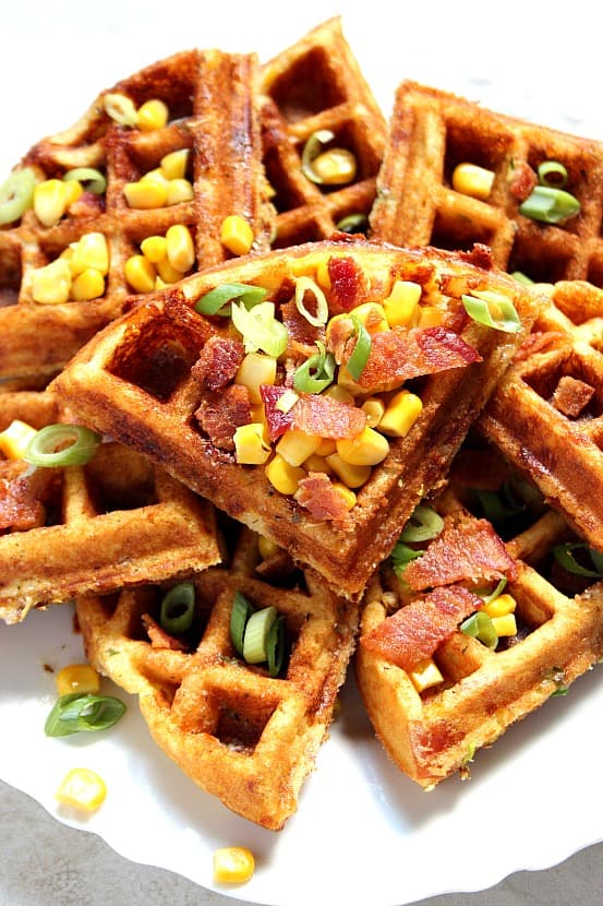 Cheddar Bacon Cornbread Waffles Recipe - savory take on waffles, filled with crispy bacon, freshly grated cheddar cheese, sweet corn and nicely seasoned with Ranch mix! So good as lunch and dinner too!