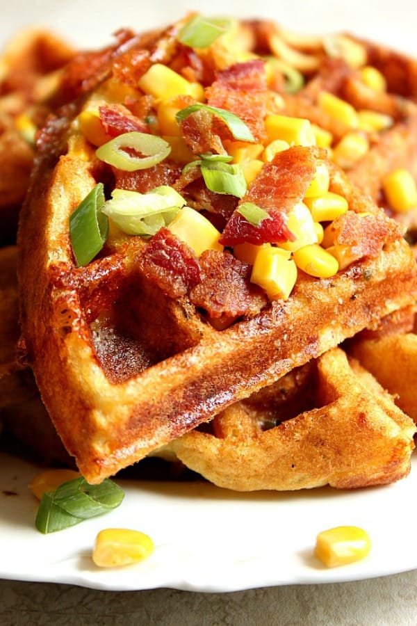 Cheddar Bacon Cornbread Waffles on a plate.