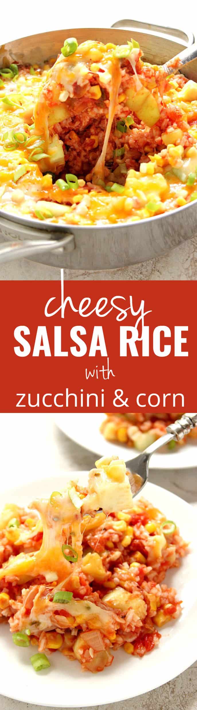 Cheesy Salsa Rice with Zucchini and Corn recipe - my new favorite way to take plain rice to a new level! Perfect side dish to tacos, enchiladas or burritos OR turned into a full meal by adding protein. Quick, easy and irresistible!