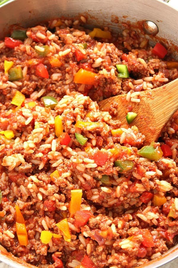 Stuffed Pepper Rice in a skillet.