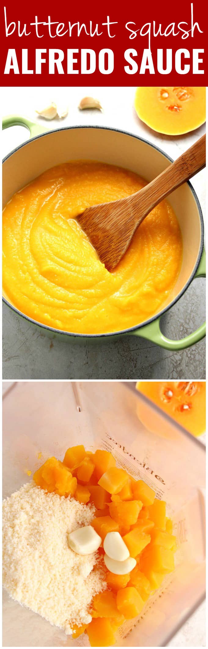 Photo collage for Butternut Squash Alfredo Sauce recipe post.