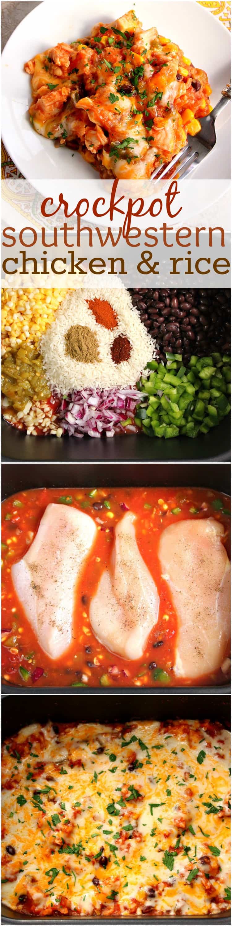 Southwestern Crock-Pot Chicken and Rice recipe - cheesy chicken, vegetable and rice dish made in a slow cooker for an easy weeknight dinner. Peppers, corn, beans and a good mix of spices add a Southwestern flair to a classic. 