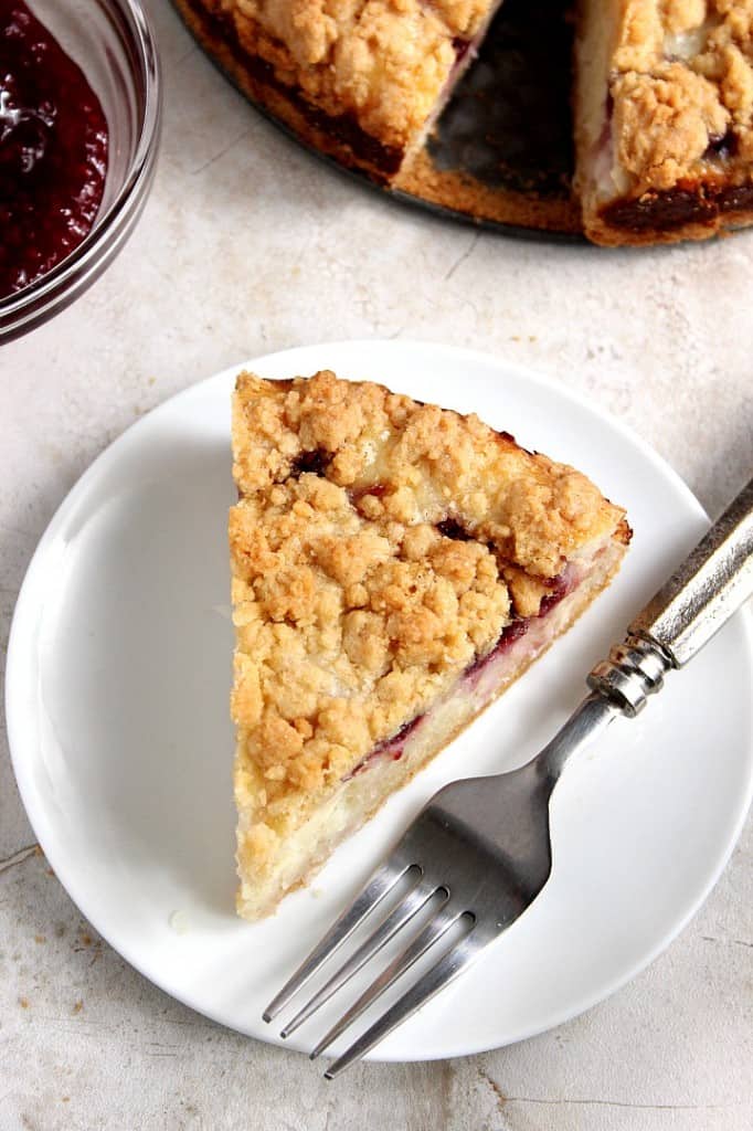 Raspberry Coconut Sour Cream Crumb Pie Recipe - sweet and creamy coconut filling with tarty raspberry jam, all under a buttery crunchy crumb topping. This pie is easy and absolutely delicious!