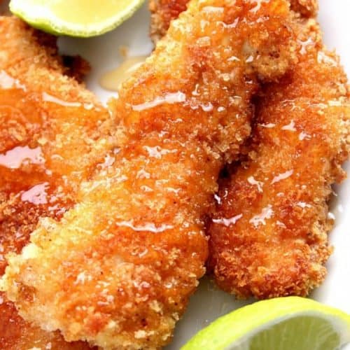 Honey Lime Chicken Strips on plate.