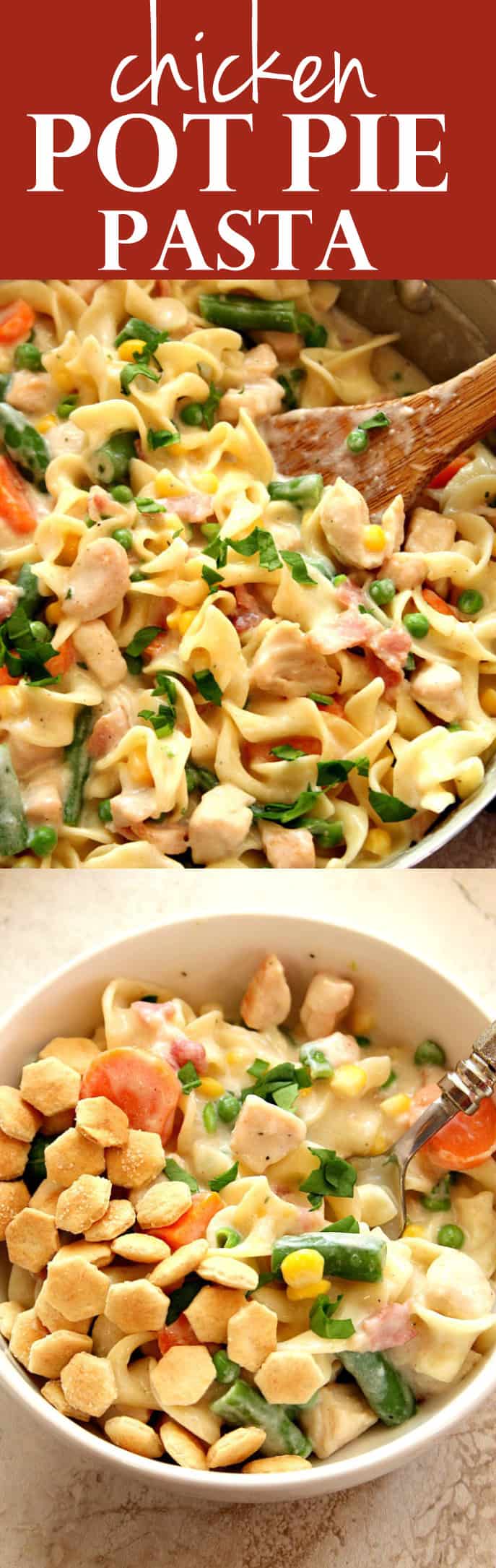 Photo collage for Chicken Pot Pie Pasta recipe post.