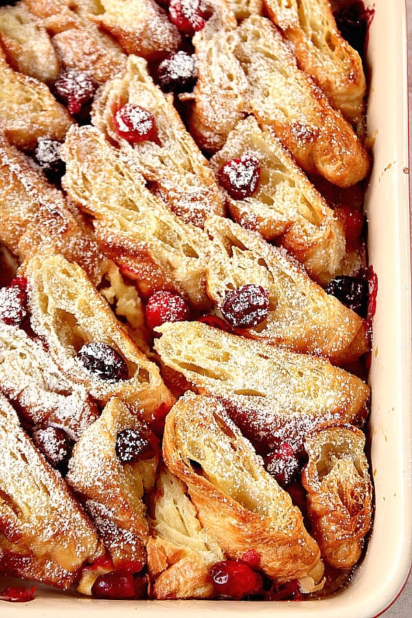 Cranberry Orange Croissant Bake in casserole dish.