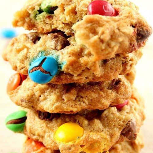 Oatmeal M&M Cookies stacked up.